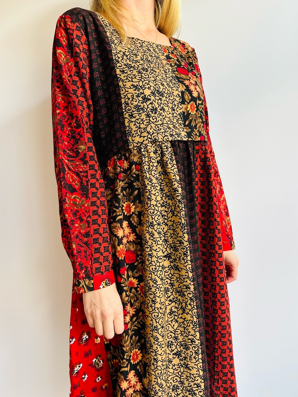 New Los Banditos Patchwork Boho Cotton Midi Dress Red Floral Long Sleeve - Picture 5 of 11